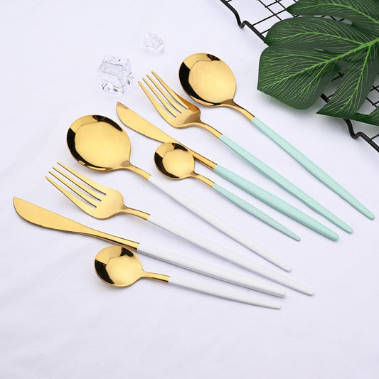 24PCs White Gold Dinnerware Set Stainless Steel Knife Fork