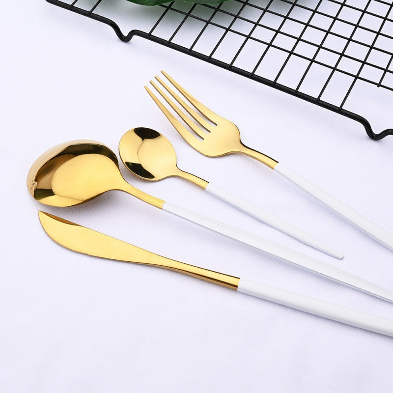 24PCs White Gold Dinnerware Set Stainless Steel Knife Fork